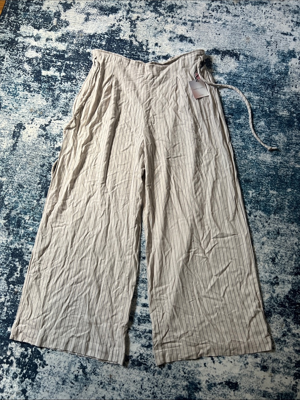 Wide Leg Linen-Blend Pants in Light Beige Stripe